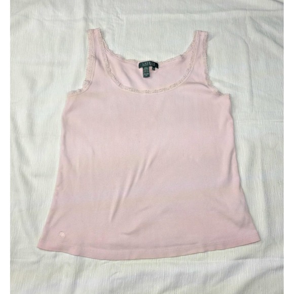 Vtg Y2k LRL Ralph Lauren Tank Top Ribbed Lace Womens Plus 1X Baby Pink Pastel - Picture 1 of 10